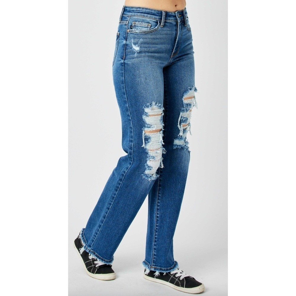 NWT Judy Blue Jeans Sz 31  Mid Rise Straight Distressed Stretchy Relaxed - Picture 7 of 13